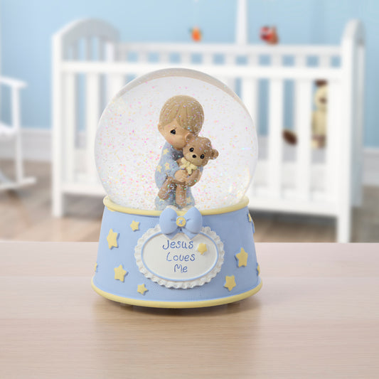 Jesus Loves Me Baby Boy With Bear Baptism Snow Globe