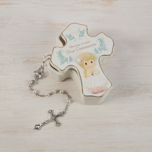 Blessings On Your First Communion Girl Rosary Box with Rosary