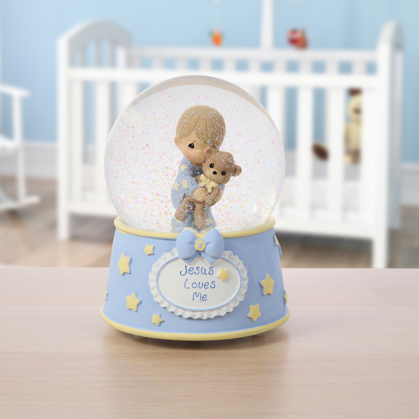 Jesus Loves Me Baby Boy With Bear Baptism Snow Globe