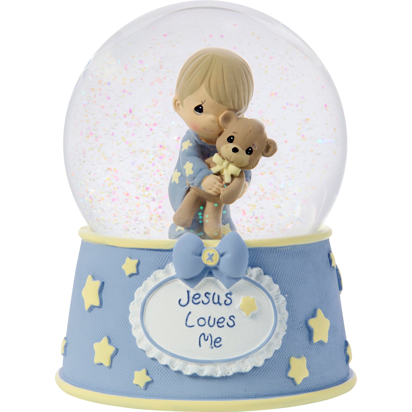Jesus Loves Me Baby Boy With Bear Baptism Snow Globe