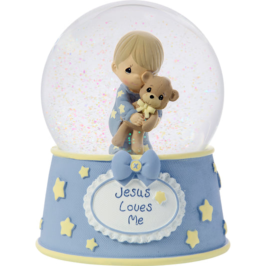 Jesus Loves Me Baby Boy With Bear Baptism Snow Globe