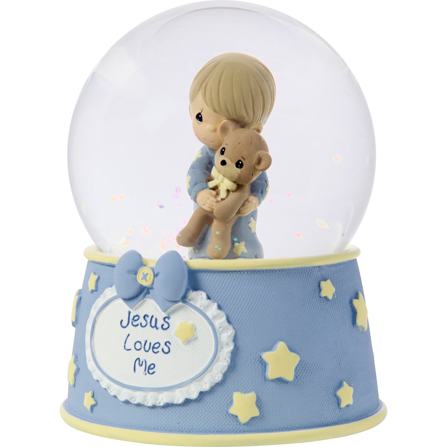 Jesus Loves Me Baby Boy With Bear Baptism Snow Globe