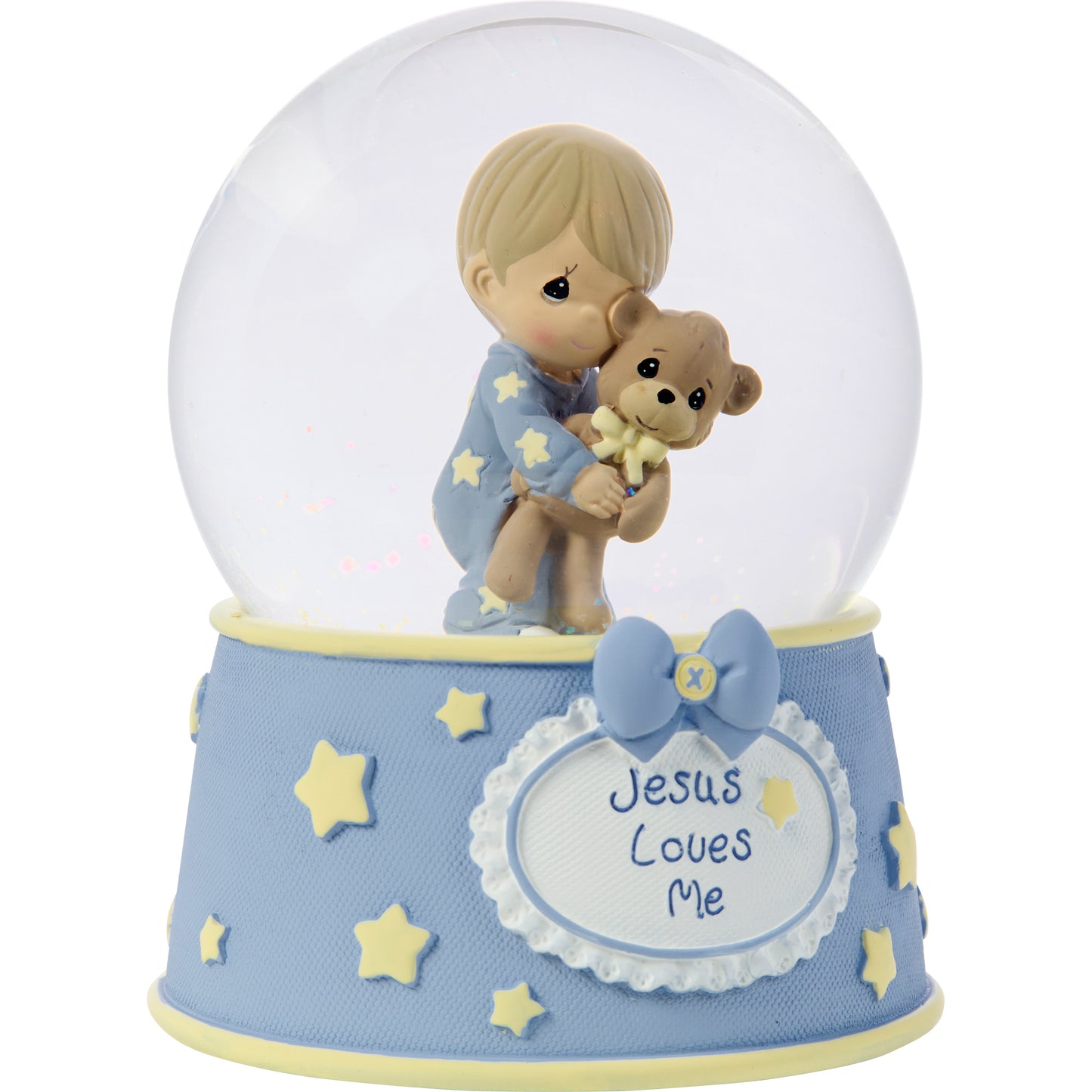Jesus Loves Me Baby Boy With Bear Baptism Snow Globe